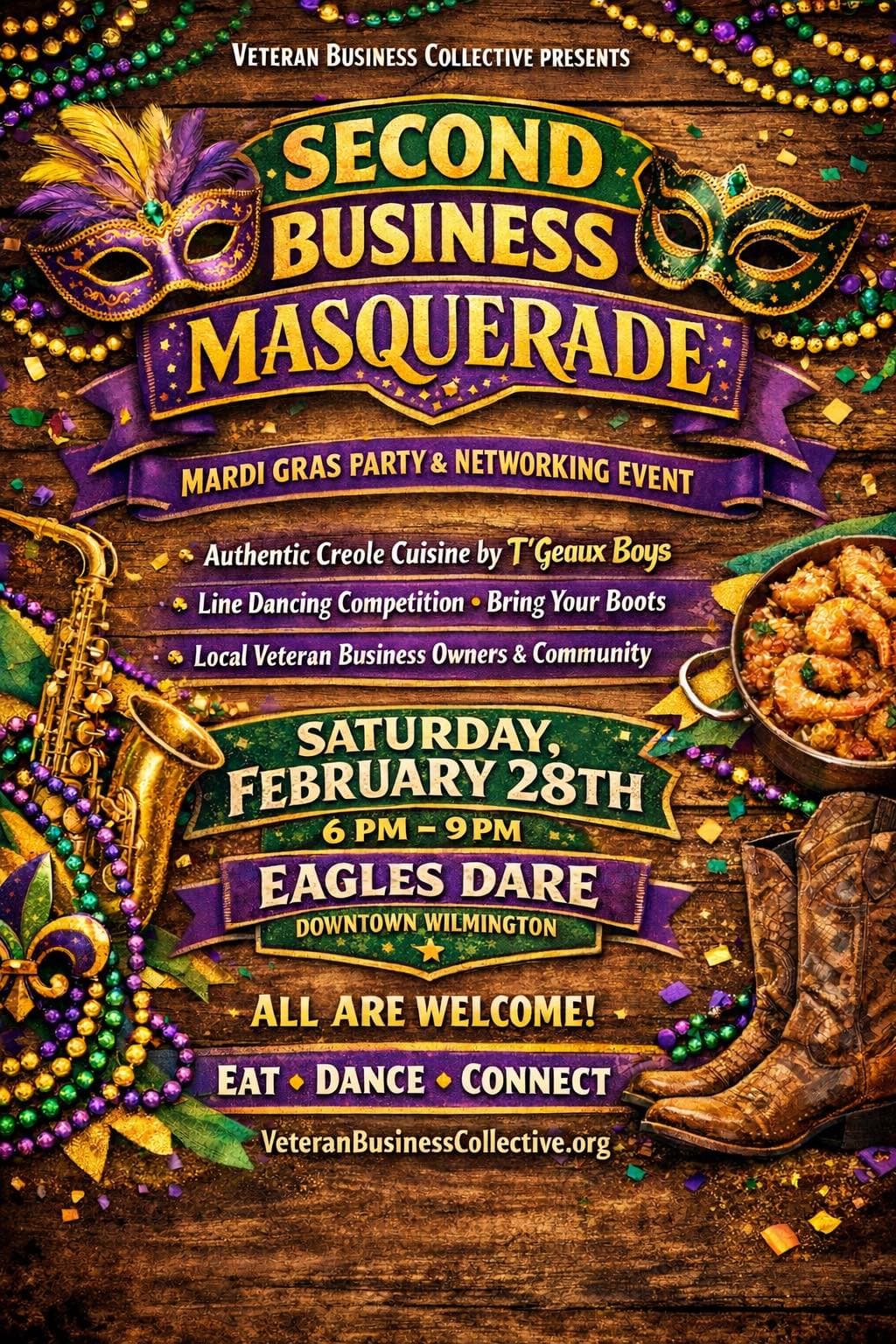 Second Business Masquerade — Mardi Gras Networking flyer
